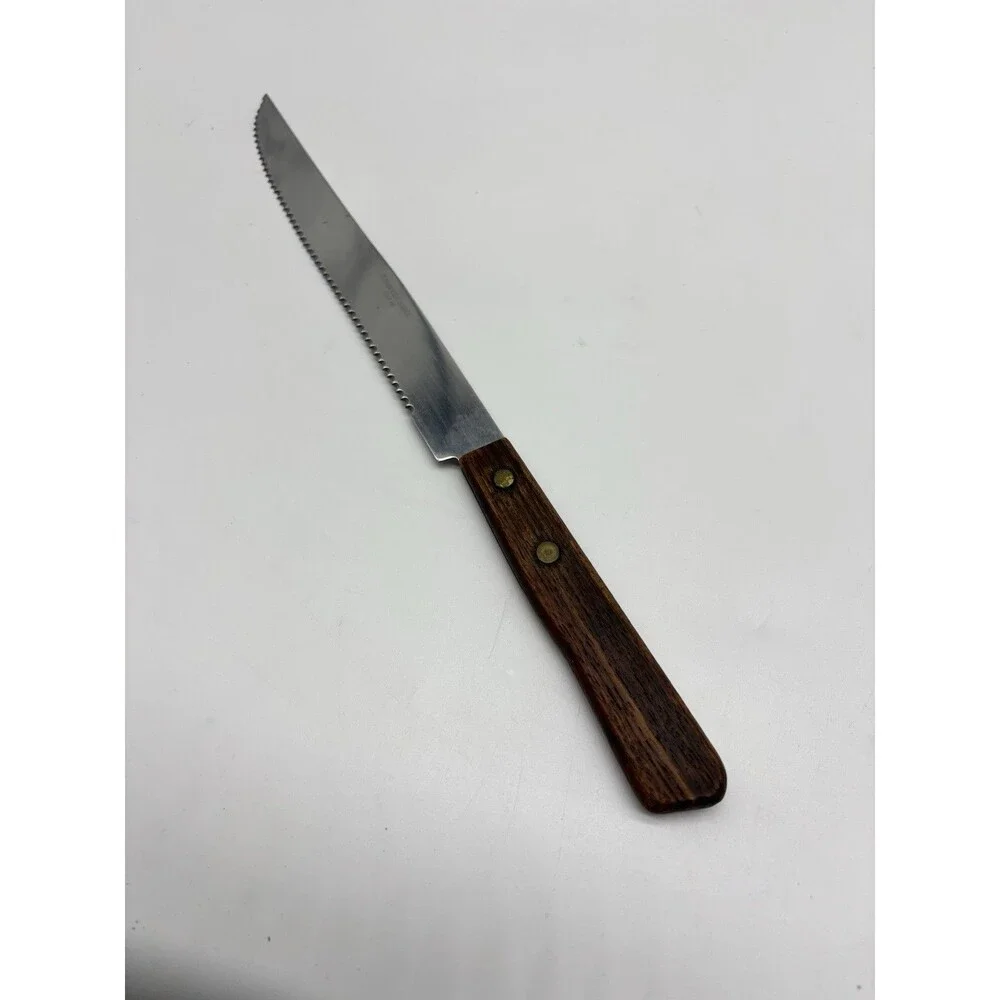 Vintage Stainless Steel Japan Serrated Knife Carving Slice 8” Blade Wood Handle